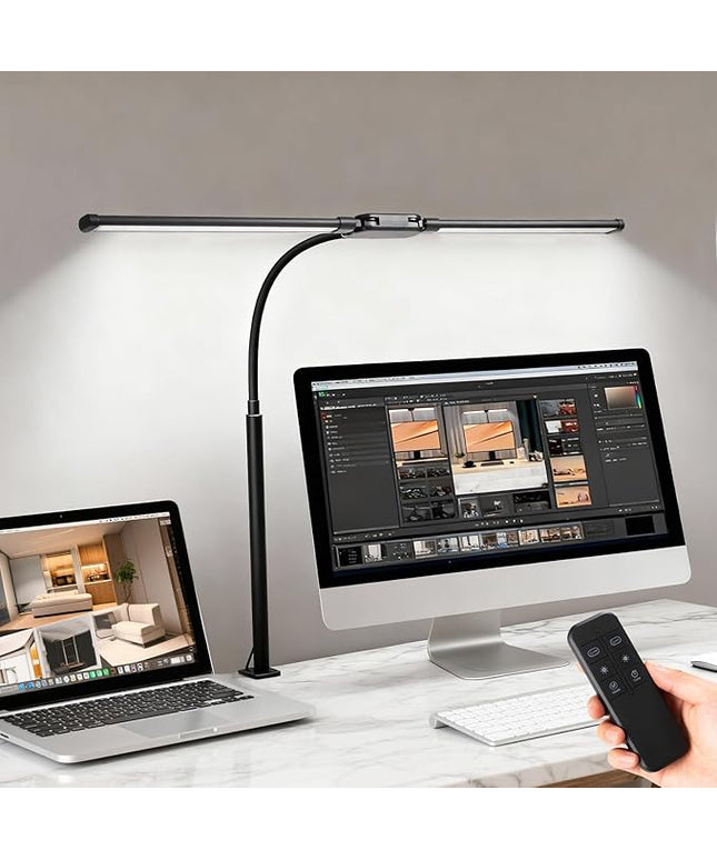 LED Desk Lamp with Clamp, Double Head Adjustable Architect Light, Eye-Caring Monitor Desk Lamp for Home Office, Flexible Gooseneck Task Lamp with 10 Brightness Levels & 5 Color Temperature Modes Black