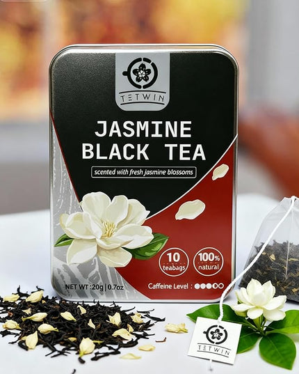 Jasmine Black Tea Bags, 3-Scented Loose Leaf in PLA teabag - Bitterness-Free, Naturally Sweet & Mellow, 10 Count Portable Tin