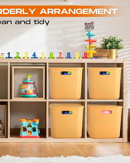 Hoolerry 8 Pieces Colorful Storage Bins with Lid, Plastic Storage Basket Organizing Container Stackable Box with Handle for Shelves Desktop Playroom Office(14.2 x 10.2 x 9.5 Inch,Yellow)