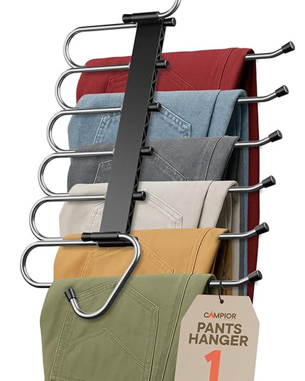Black Space Saving Pants Hangers 1 Pack, 6 Layer Jeans Hangers and Closet Organizer for Jeans, Scarves, Skirts, Multi-Layer Hanger with Anti-Slip Coating & Stopper, Heavy-Duty S-Type Stainless Steel