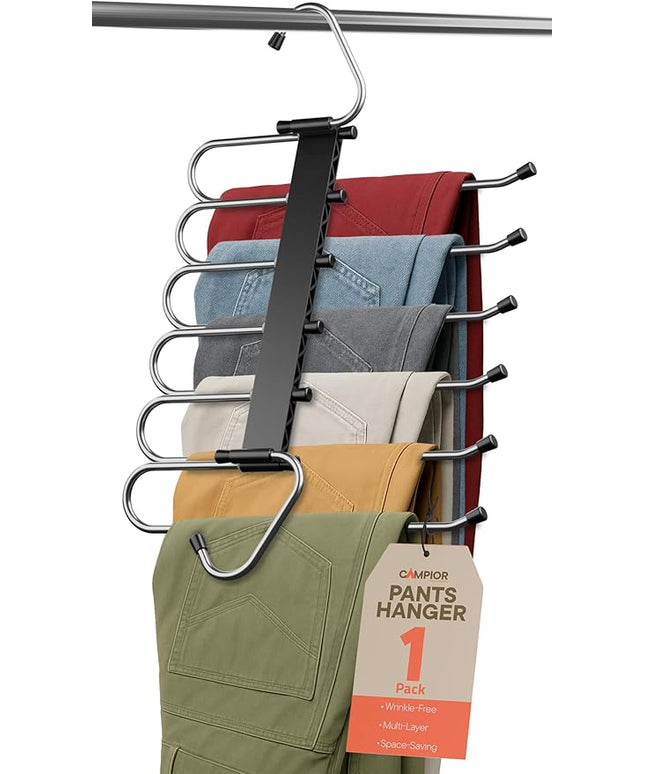 Black Space Saving Pants Hangers 1 Pack, 6 Layer Jeans Hangers and Closet Organizer for Jeans, Scarves, Skirts, Multi-Layer Hanger with Anti-Slip Coating & Stopper, Heavy-Duty S-Type Stainless Steel