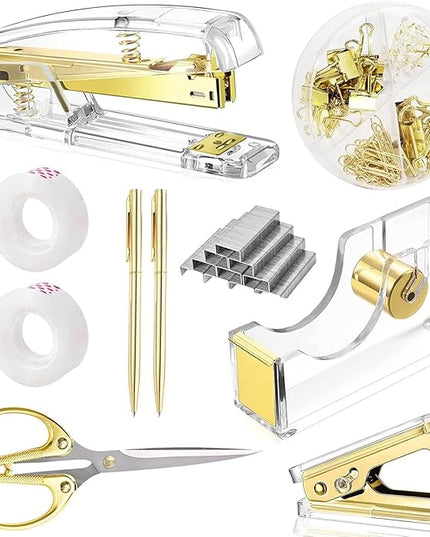 suniya Office Supplies,Desk Accessories,with Stapler,Tape Dispenser,Staple Remover,Scissor,Ballpoint Pen,Clear Tape,Staples,Binder,Best Gift Set(Gold)