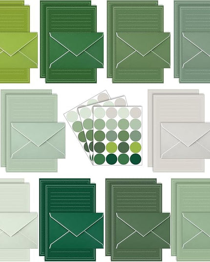 TaoBary 160 Packs Stationery Paper Set (50 Double Sided Stationery Writing Papers 50 Matching Envelopes) 60 Round Dot Sticker, 10 Design (5.5 x 8.25 Inch,Sage Green Color)