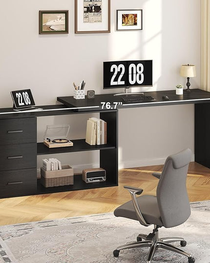 HSH Black L Shaped Desk with Drawers Shelves, 360 Rotating Home Office Desk L Shape with Storage Cabinet, Corner Wood Computer Table for PC Executive Work Study Writing in Bedroom Living Room, 55 in