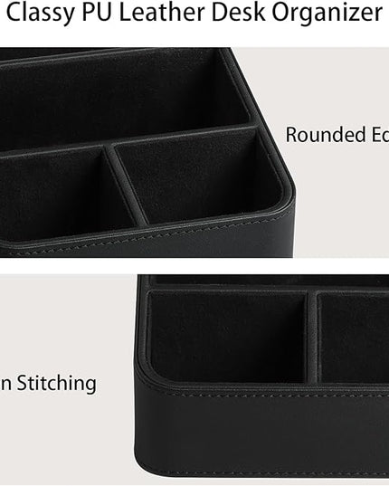MEIBOOCH Remote Control Holder, PU Leather Small Desk Organizer with 4 Compartments, Nightstand Organizer Desk Caddy for Remote, Notepad, Phone, Glasses, and Accessories (Black)