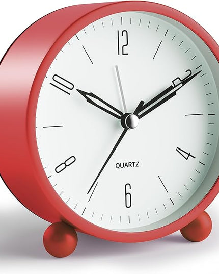 Analog Alarm Clock, 4 inch Super Silent Non Ticking Small Clock with Night Light, Battery Operated, Simple Design, Old Fashioned Style Wine-red Decor, for Bedroom, Bedside, Desk, Adult, Kid, Gift, Red