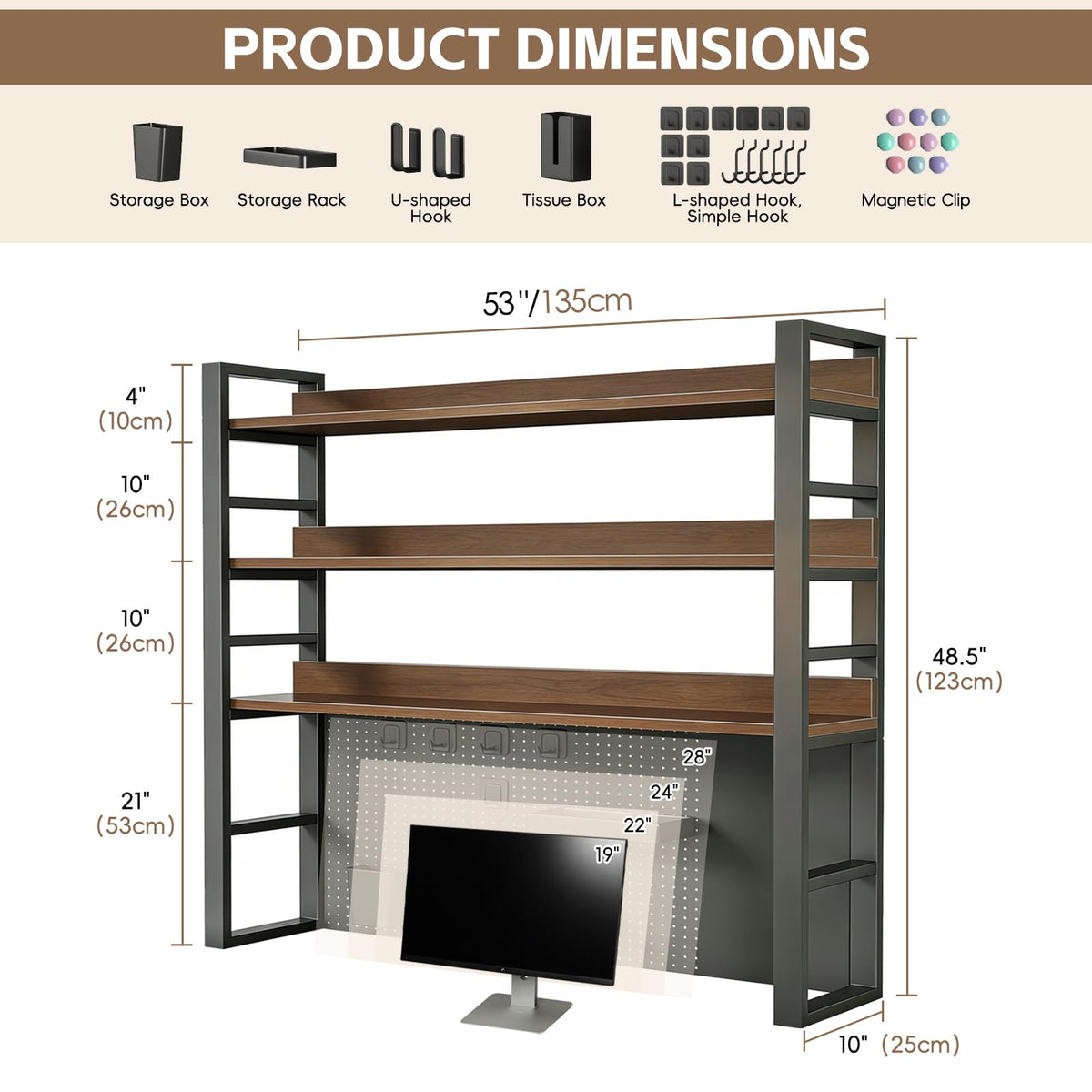 LINLIUA 2/3/4 Tier Desk Hutch, Metal Desk Shelf with Pegboard, Desk Shelves for Top of Desk, Freestanding Desktop Bookshelf, Desktop Shelf Organizer Display Rack for Dorm Office and Home