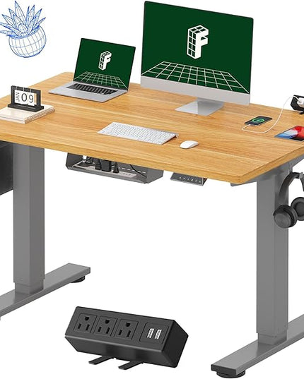 FLEXISPOT EN2 Whole-Piece Standing Desk with Clamp Power Strip, 48 x 30 Electric Stand Up Height Adjustable Desk with Cable Management (Gray Frame + 48" Maple Top, 2 Packages)