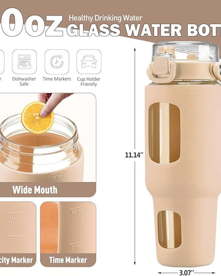 BLUEGO 40oz Glass Tumbler with Lid and Straw, Glass Water Bottles with Handle, Glass Cup with Time Marker and Silicone Sleeve, Fits Most Cup Holder, Leak-proof, Amber
