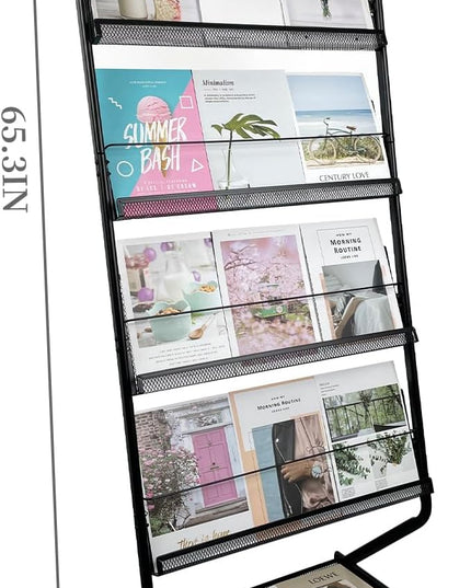 Tongmo Floor-Standing Magazine Rack 4-Layer with Wheels, Brochure Display Stand, High-hardness metal for Office,Exhibitions, and Any Organization Requiring Information Display (black)