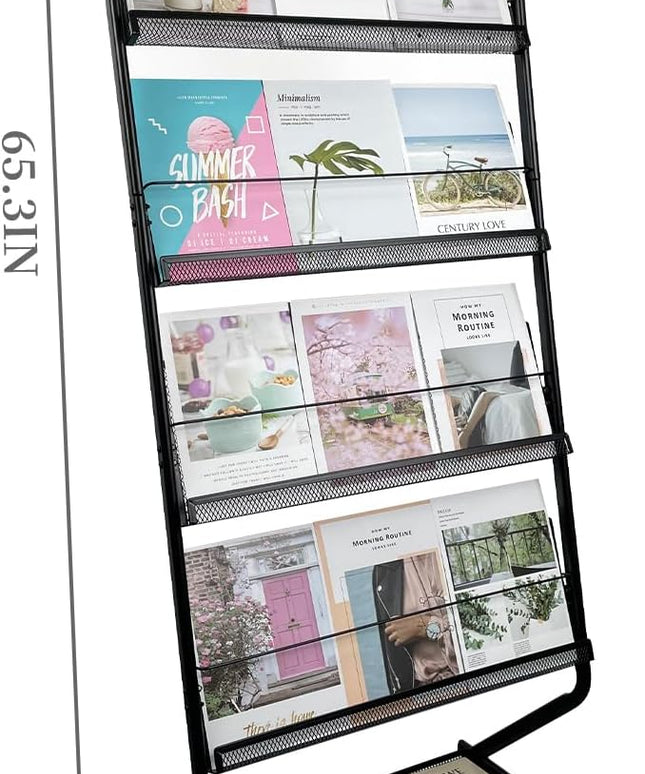 Tongmo Floor-Standing Magazine Rack 4-Layer with Wheels, Brochure Display Stand, High-hardness metal for Office,Exhibitions, and Any Organization Requiring Information Display (black)