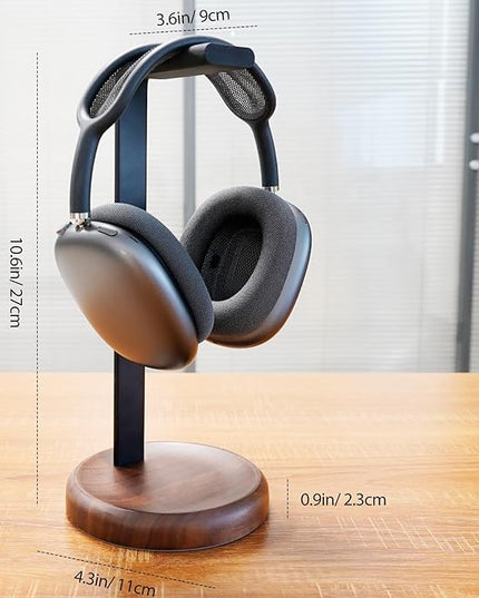 GEVO Headphone Stand for Desk - Walnut Wood & Aluminum Headset Stand, Universal Wooden Gaming Headphone Holder for AirPod Max, Bose, Sony, Razer, Jabra, JBL (Walnut Circular Base)