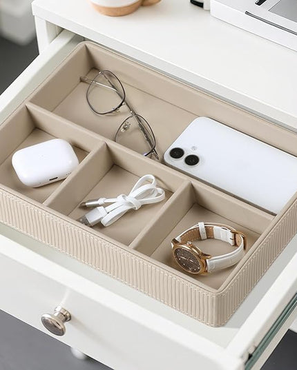 NICLNGSH PU Leather Valet Tray, Decorative Trinket Vanity Desk Drawer Organizer Tray, Perfume Dish Catch All Bowl for Keys, Nightstand Drawer Organizer Women Men with 4 Compartments (Beige)