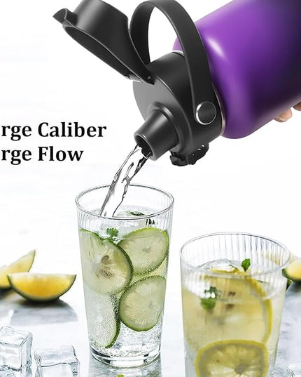Water Bottle Insulated 32oz 40oz 64oz 128oz Straw Lid Spout Lid & 3 Lids, Leak Proof, Vacuum Insulated,Stainless Steel Water Bottle Wide Mouth for Sports, Gym or Office