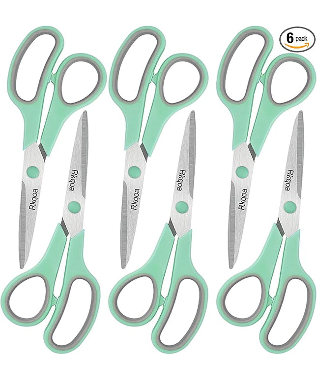Scissors, Rkqoa 8" All Purpose Office Scissor 6 Pack - Comfort-Grip Sharp Shears for Office School House Sewing Fabric Crafts Arts Desk Classroom Supplies, Teacher/Class Scissors