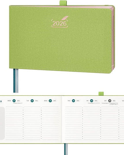 BEZEND 2026 Planner Weekly and Monthly (9" x 5.5") Calendar Book with Daily Vertical Timeslot & Note (Jan-Dec), Equal Space Even Weekends, Work Home Women, PU Leather Hardcover - Fruit Green
