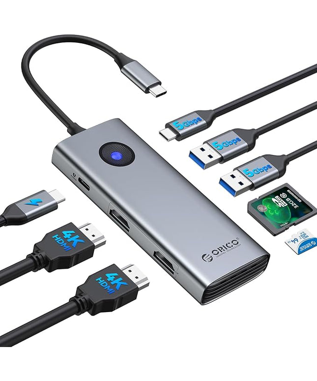ORICO USB C Docking Station Dual Monitor, 8-in-1 USB C Hub with 2 HDMI 4K@60Hz Ports, 100W PD Charging, USB-A&C 3.0, SD/TF for Laptop MacBook Dell PW11-8PH