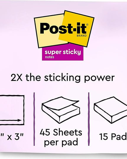 Post-it Super Sticky Notes, Assorted Bright Colors, 3x3 in, 15 Pads/Pack, 45 Sheets/Pad, 2X The Sticking Power, Recyclable, Multi-Color