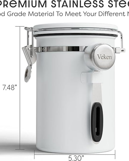 Veken Coffee Canister with Window, Airtight Stainless Steel Kitchen Food Storage Container with Lids, Date Tracker and Scoop for Grounds Coffee, Beans, Tea, Flour, Cereal, Sugar Jars, 22OZ, White