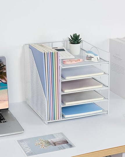 LEKETREE Desk Organizers and Accessories, 5-Tier Paper Letter Tray Organizer with File Holder, Desktop Organizer for Office Supplies (White)