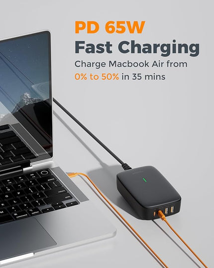 USB Charging Station for Multiple Devices PD 65W, TESSAN 6-in-1 USB C Charger Block with Wireless Charger for iPhone 17/16, MacBook, Tablet, Type C Desktop Charger, Home Travel Office Accessories