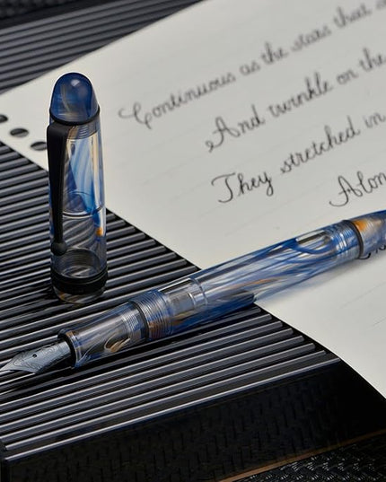 Asvine V126 Vacuum Filling Fountain Pen Extra Fine Nib, Blue Swirl Acrylic, Large-Capacity with Gift Case