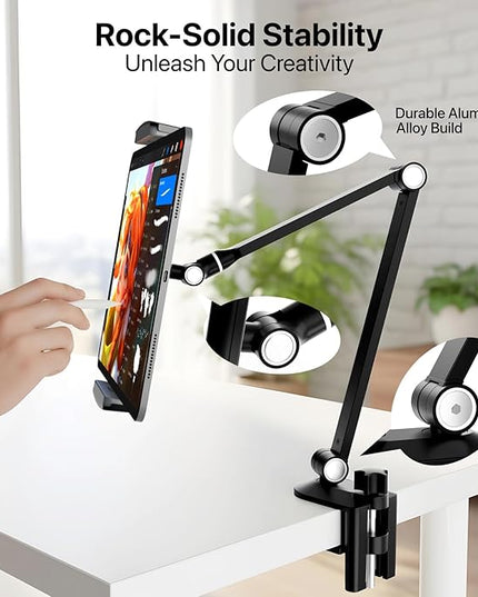 Tablet Stand Holder-Adjustable iPad Desk Mount with 360° Rotating Base for 6.3-16" Devices-Foldable Aluminum ipad Arm Mount for Desk,Bed,Kitchen-Compatible with iPhone,iPad,Tablet,Portable Monitor