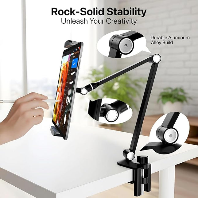 Tablet Stand Holder-Adjustable iPad Desk Mount with 360° Rotating Base for 6.3-16" Devices-Foldable Aluminum ipad Arm Mount for Desk,Bed,Kitchen-Compatible with iPhone,iPad,Tablet,Portable Monitor