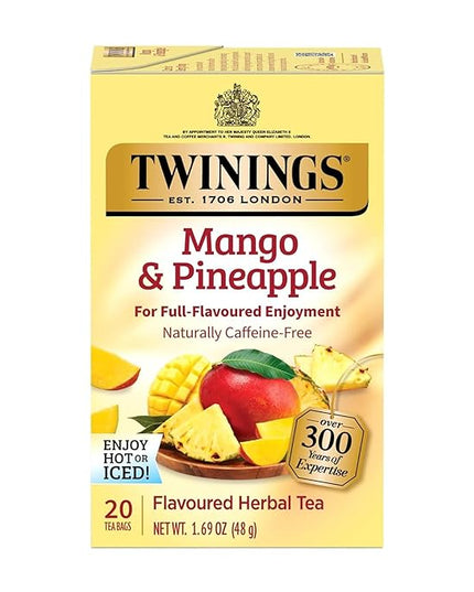 Twinings Mango & Pineapple Herbal Tea Individually Wrapped Bags, 20 Count (Pack of 1), Naturally Caffeine-Free, Enjoy Hot or Iced, 20 Teabags