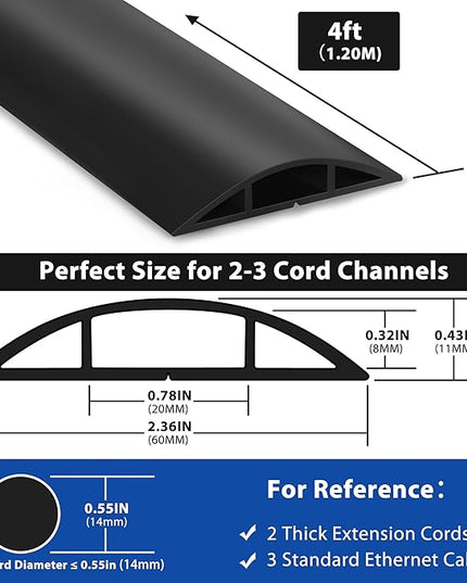 4ft Cord Hider Floor, Heavy Duty Cord Covers for Wires on Floor, Black Floor Cable Management, Hide Cord Cover Floor, Electrical Cable Hider Cord Protector Floor, Cable Cavity: 0.78" W x 0.32" H