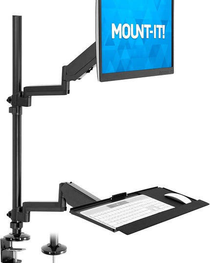 MOUNT-IT! Sit Stand Monitor Desk Mount [Fits 32" Screens] Height Adjustable, Full-Motion Articulating Arm with Keyboard Tray and Cable Management (Black)