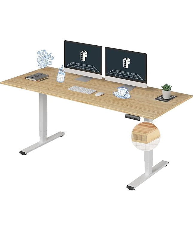 FlexiSpot E6 Bamboo 3-Stage Dual Motor 72 x 30 Electric Standing Desk Sit Stand Up Desk, Holds 220 lbs, Adjustable Height w/ Memory Presets, Solid Bamboo Desktop & White Frame, Ships in 2 Boxes