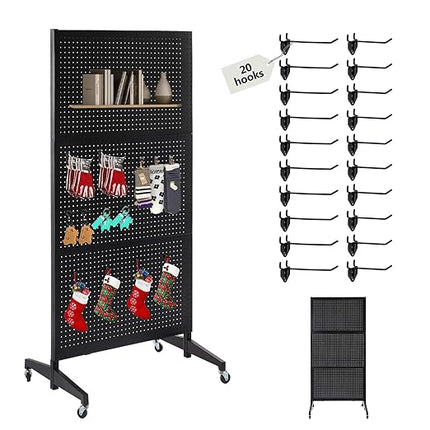 3'x 6' Pegboard Display Stand with T-Base, Metal Peg Board Display Stand with Wheel, Standing Pegboard Display with 20 Pieces Hooks, Black