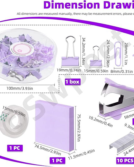 Swpeet 9Pcs Purple Office Supplies Kit, Desk Accessories Including Stapler, Tape Dispenser, Staple Remover, Tabs, Scissors, Staples, Tape, Clips and Sticky Note Ideal for Office and School