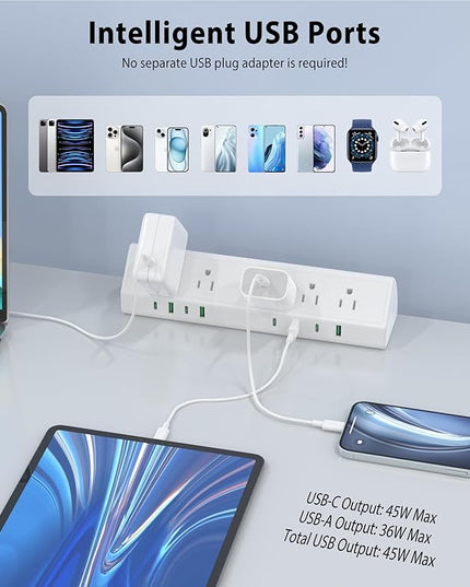45W Fast Charging Station,Desk Clamp Power Strip,4 PD USB-C Ports,5 AC Outlets,Surge Protector Power Strip, 14AWG Heavy Duty Cord, Fits 1.9" Tabletop Edge (White, 20 FT Cable)