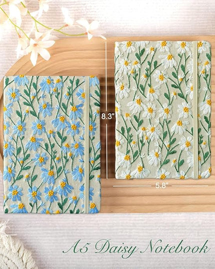 A5 Notebook, Flower Journal, Embroidered Notebook, 8"x6", Hardcover, Lay Flat, Lined, Wide Ruled Paper, Personalized Notebook, Pretty Journal, Daisy Gifts for Women, Blue, with Elastic Band
