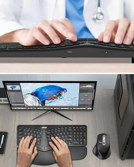 Arteck Split Ergonomic Keyboard with Cushioned Wrist and Palm Rest, 2.4G USB Wireless Comfortable Natural Ergonomic Split Keyboard, for Windows Computer Desktop Laptop