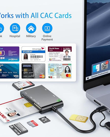 SIM Card Adapter, CAC Smart Card Reader Military, 6-in-1 USB C/USB A Multi-Card Adapter for SIM, CAC, ID, SD/TF, M2, Memory Stick – Compatible with Windows, Mac, Linux (USB A + USB C)