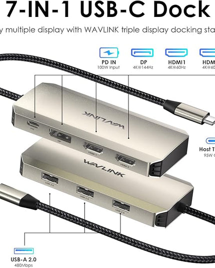 Laptop Docking Station, WAVLINK Triple 4K Docking Station with Dual HDMI, DP, 100W PD in, 3 USB-A2.0 for Wireless Device, Compatible with Dell/HP/Lenovo etc, Windows Systerm Computer Only