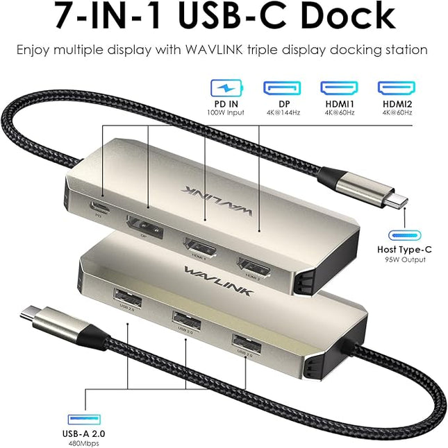 Laptop Docking Station, WAVLINK Triple 4K Docking Station with Dual HDMI, DP, 100W PD in, 3 USB-A2.0 for Wireless Device, Compatible with Dell/HP/Lenovo etc, Windows Systerm Computer Only