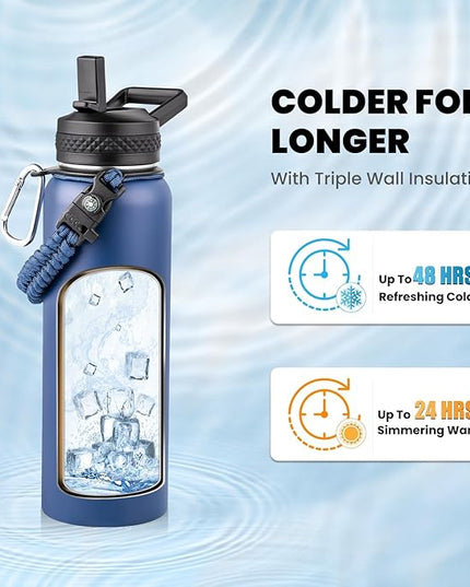 Insulated Water Bottle 40 oz, Triple Wall Vacuum Stainless Steel (Cold for 48 Hrs), Leak Proof & Non-BPA, Modern Water Flask Jug with Paracord Handle & Straw Spout Lids, Navy Blue