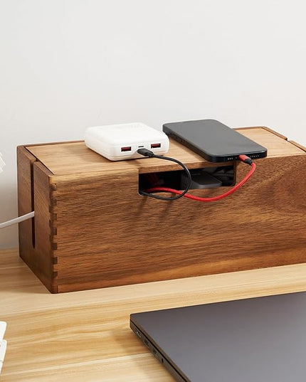 Acacia Wood Cable Management Box, Wooden Cord Hider & Organizer for Power Strip, Electrical Hiding, TV Wires, Desk & Floor Cables - Office Under Desk Cable Storage Box for Wire Storage Organization