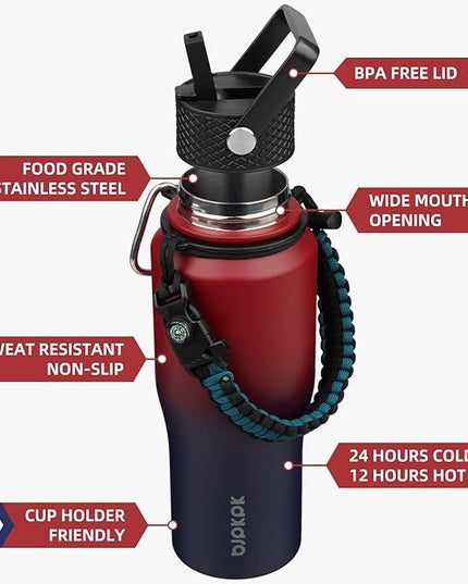 BJPKPK Insulated Water Bottles with Straw Lid, 23oz Metal Water Bottle with 2 lids & Paracord Strap, Double Wall Stainless Steel Vacuum Tumblers, Cups,Thermo for Hot& Cold Drinks,Charming Red