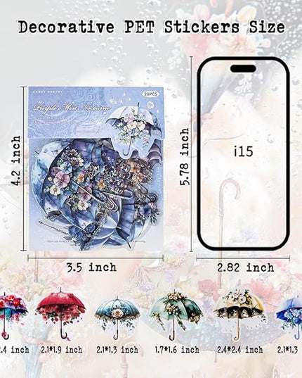 Dwpetzo 120Pcs Aesthetic Scrapbook Stickers for Scrapbooking, 6 Assorted Set Watercolor Umbrella Floral Decorative PET Stickers for Journaling, Junk Journal Supplies, Bujo, Collage, Craft Arts