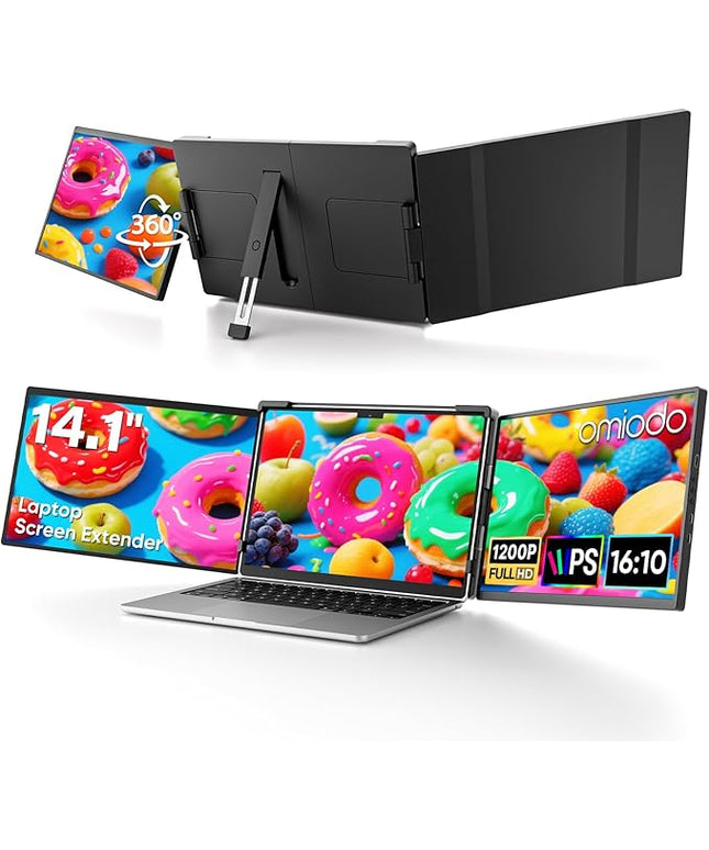 Omiodo 14" Laptop Screen Extender,FHD 1200P IPS Triple Portable Monitor,Dual Travel Screen Plug & Play,Laptop Monitor Extender for 14"-17.3",Compatible with Windows/Mac/Android & Chrome OS