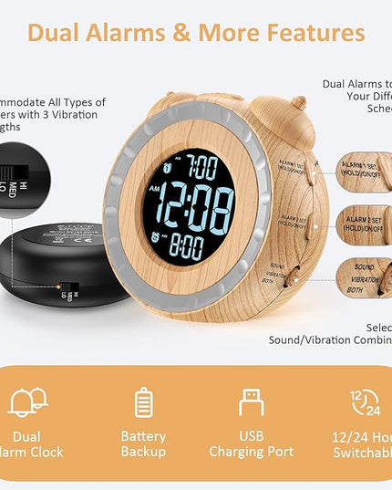 uscce Dual Extra Loud Alarm Clock with Bed Shaker - 0-100% Dimmer, Vibrating Alarm Clock for Heavy Sleepers or Hearing Impaired, Easy to Set, Snooze, Battery Backup, Wake with a Shake(Wood Grain)
