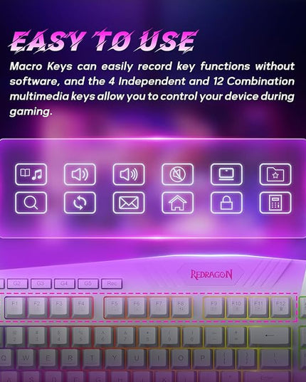Redragon Updated Programmable Gaming Keyboard and Mouse, RGB Backlit Keyboard Mouse with Software, Independent Macro Record Keys, Value Combo Set, White - S101-3 PRO