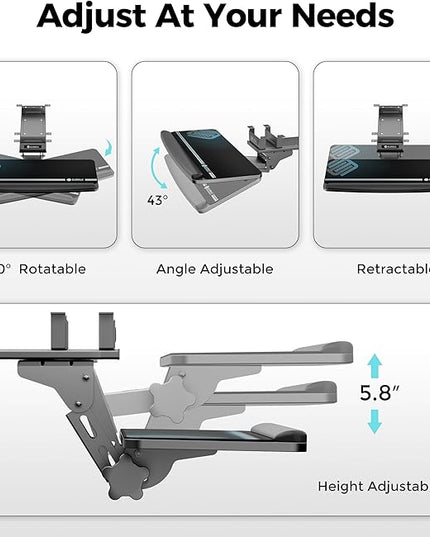 EUREKA ERGONOMIC Keyboard Tray Height Adjustable, Swivel Tilt Computer Keyboard Drawer Under Desk, 25x9.13'' Sliding Keyboard & Mouse Platform with Mouse Pad for Typing, Black