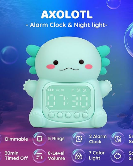 Axolotl Alarm Clock with Night Light for Kids, Rechargeable Silicone Lamp Time to Wake Clock Cute Animal Tabletop Lamp, Perfect Sleep Companion for Boys Girls, Green