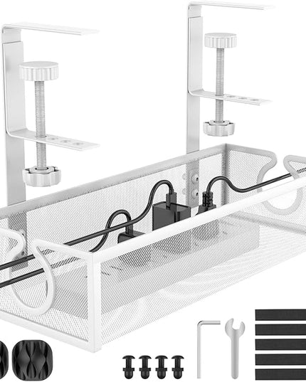Under Desk Cable Management Tray, Metal Long Arms(3.9in), No Drill Mesh Wire Management Tray Cable Box for Office, Desk Wire Organizer with Clamp Mount, 1 Pack, White